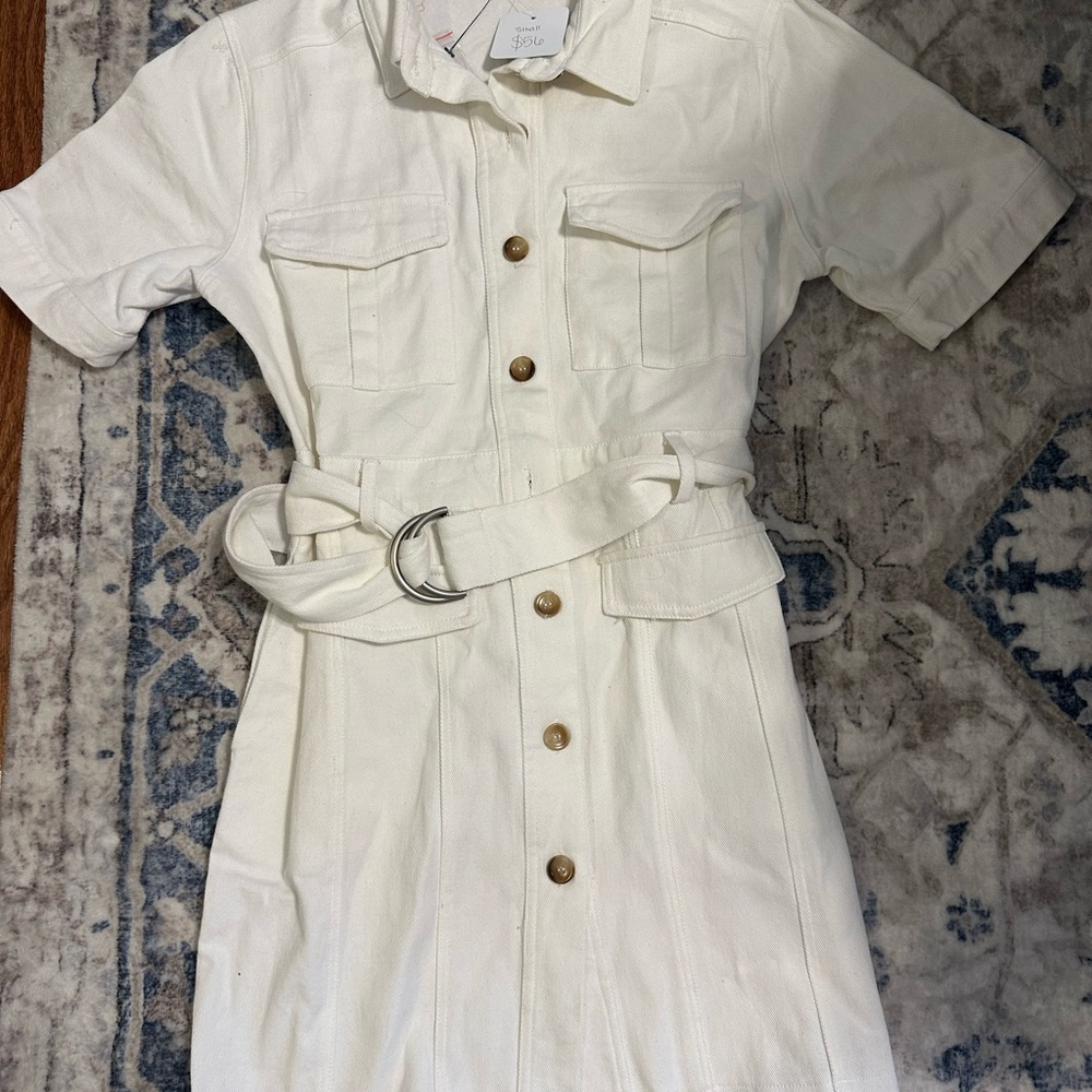 White Button-Up Belted Dress